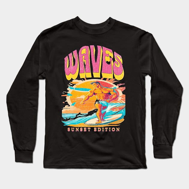 Waves, Hello Summer Funny Surfer Riding Surf Surfing Lover Gifts Long Sleeve T-Shirt by Customo